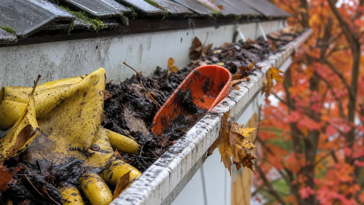 Hausbesitzer reinigt Dachrinne mit Schutzhandschuhen und Kunststoffkelle von einer Leiter im Herbst