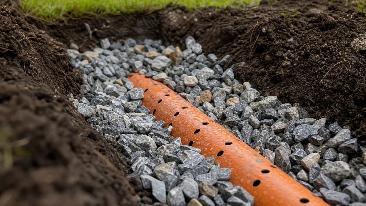 Drainagerohr eingebettet in Kiesschicht im Erdreich – Grundstücksentwässerung im Überblick