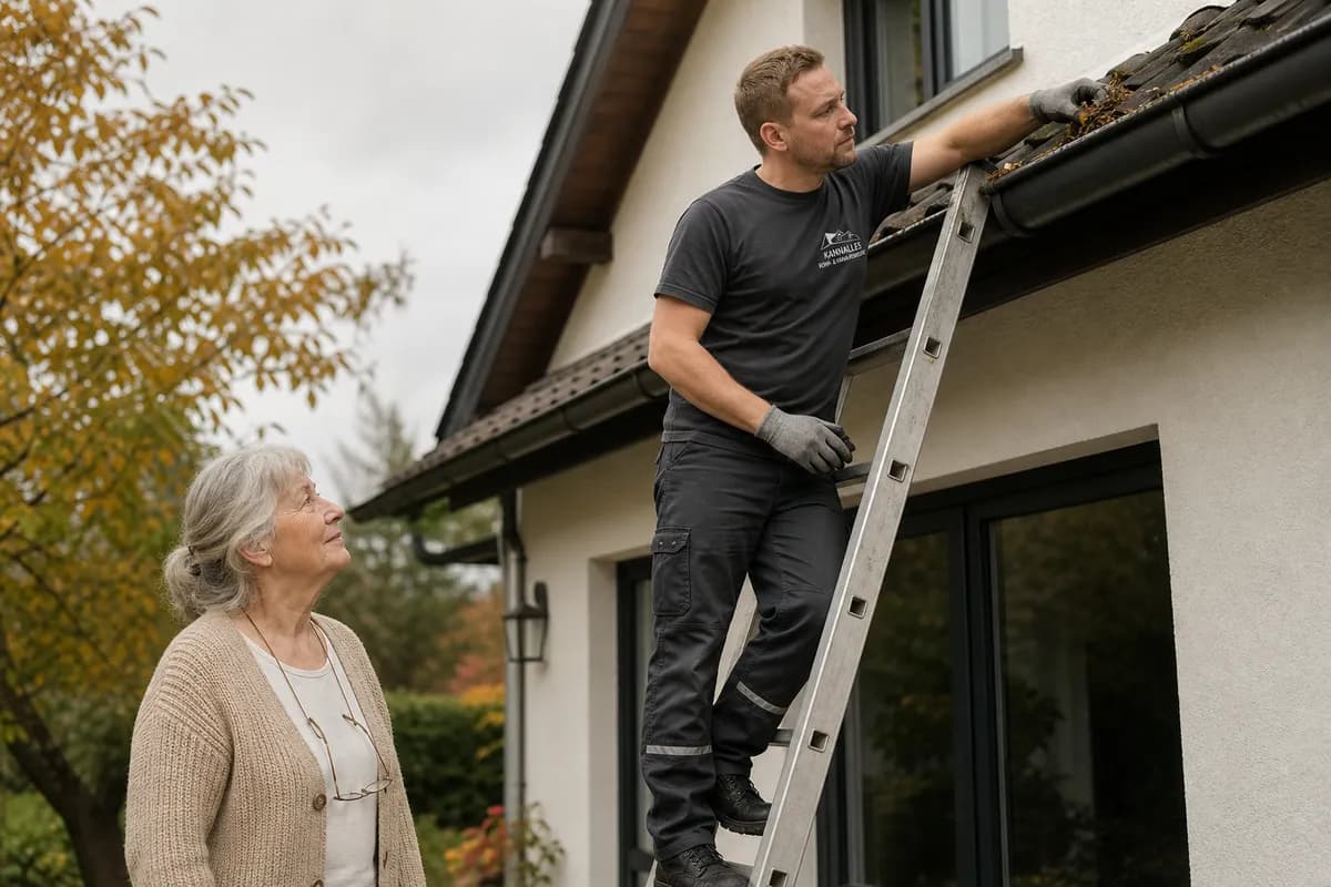 Techniker reinigt Dachrinne am Haus des Kunden