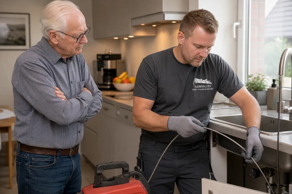 Techniker reinigt einen verstopften Küchenabfluss beim Kunden