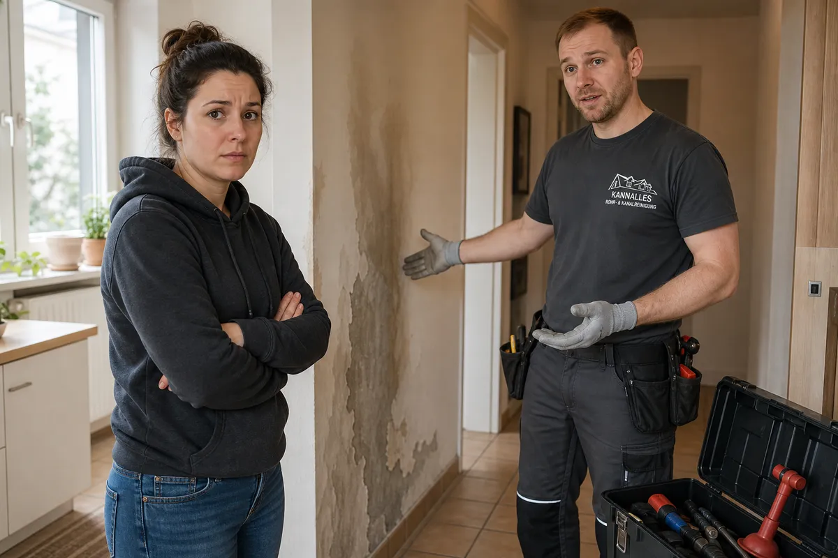 Besorgter Hausbesitzer spricht mit Techniker über Wasserschaden durch verstopftes Rohr