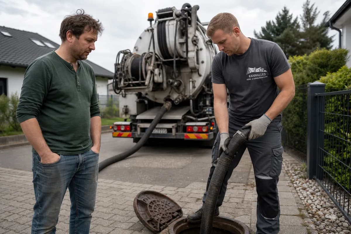 Techniker bedient Saugwagen beim Entleeren einer Abwasser-Anlage