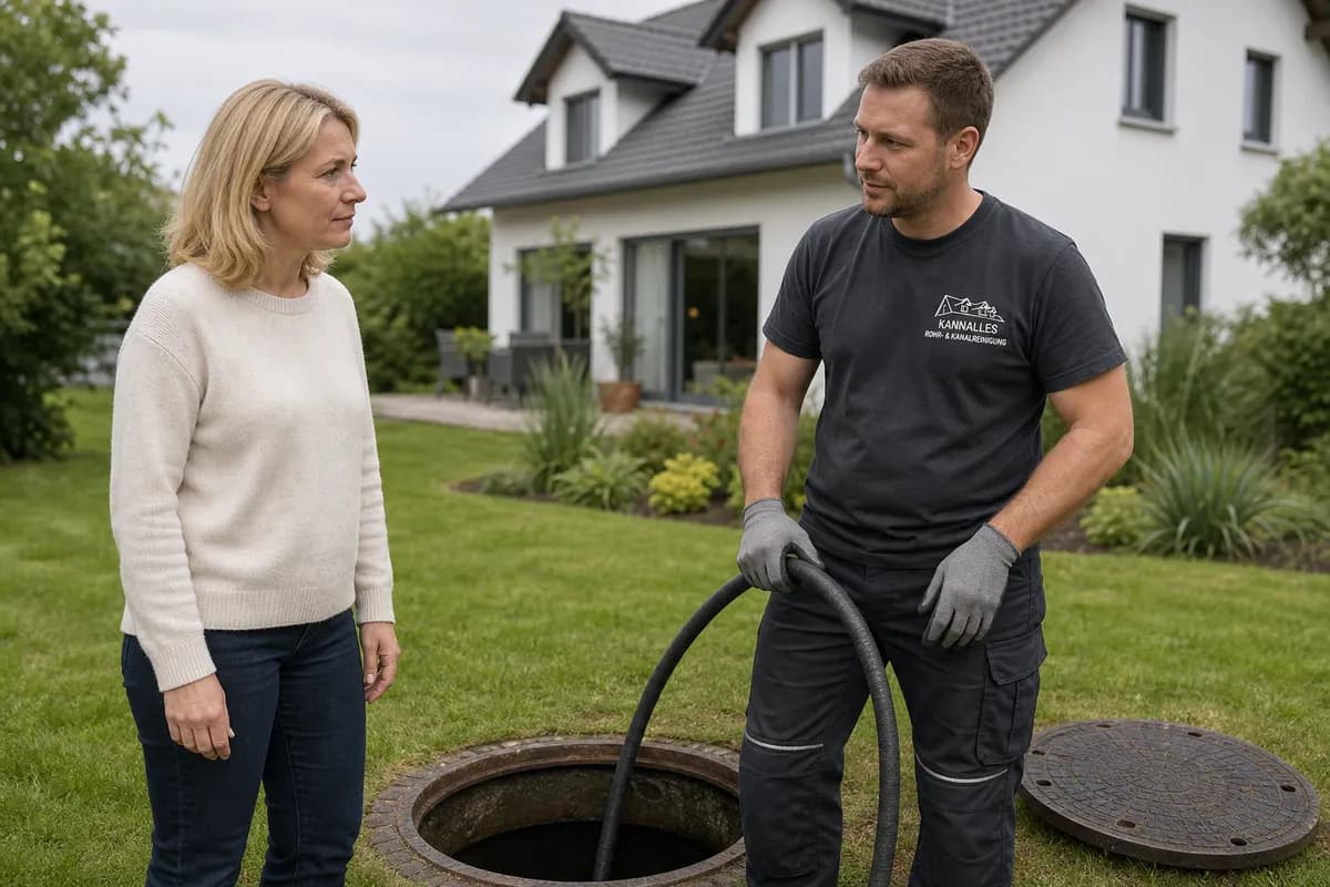 Techniker reinigt eine Regenwasser-Zisterne im Garten