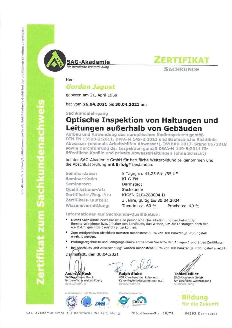 SAG-Akademie Sachkundenachweis Gordan Jagust — Optische Inspektion von Haltungen und Leitungen außerhalb von Gebäuden
