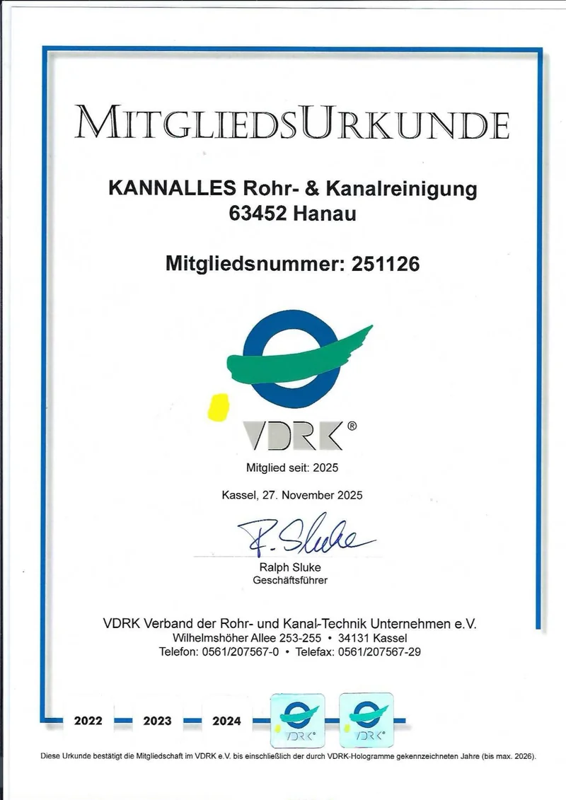 VDRK-Mitgliedsurkunde der KANNALLES Dienstleistungen — Verband der Rohr- und Kanal-Technik Unternehmen e.V.